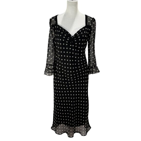 Vintage Black & White Polka Dot Midi Dress | Sheer Long Sleeve Retro Cocktail - Picture 1 of 7